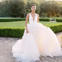 sexy v neck tiered ball gown wedding dress tulle court train wedding gowns backless romantic bride dresses