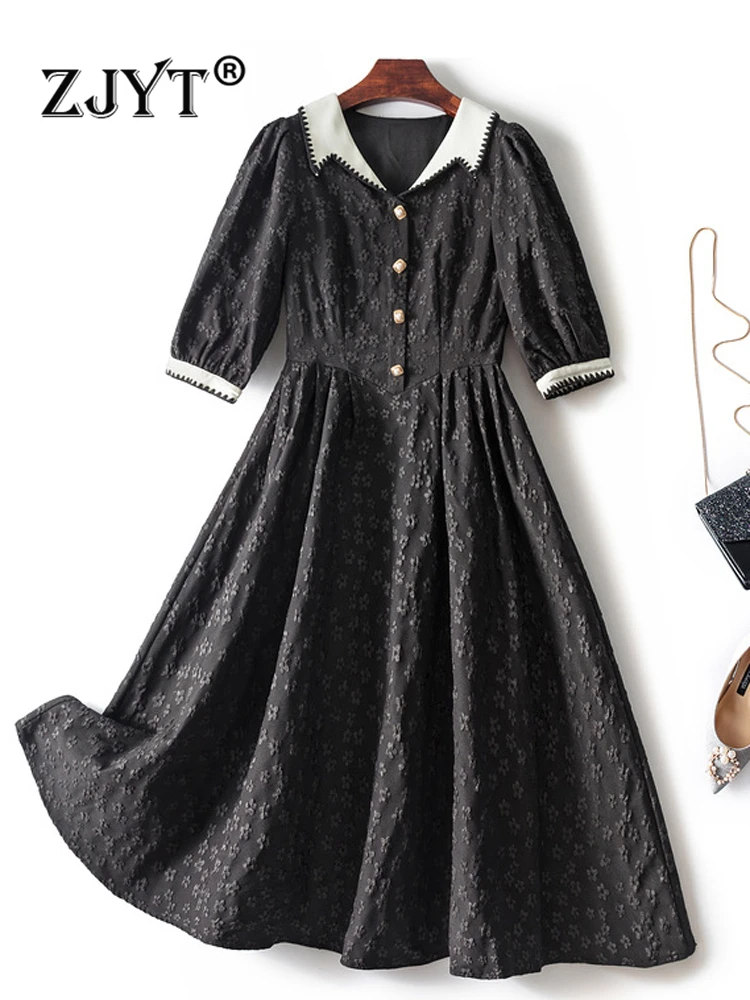 

ZJYT 2022 New Fashion Peter Pan Collar Autumn Dresses for Women Jacquard Floral Casual Black Vestidos Three Quarter Sleeves Robe