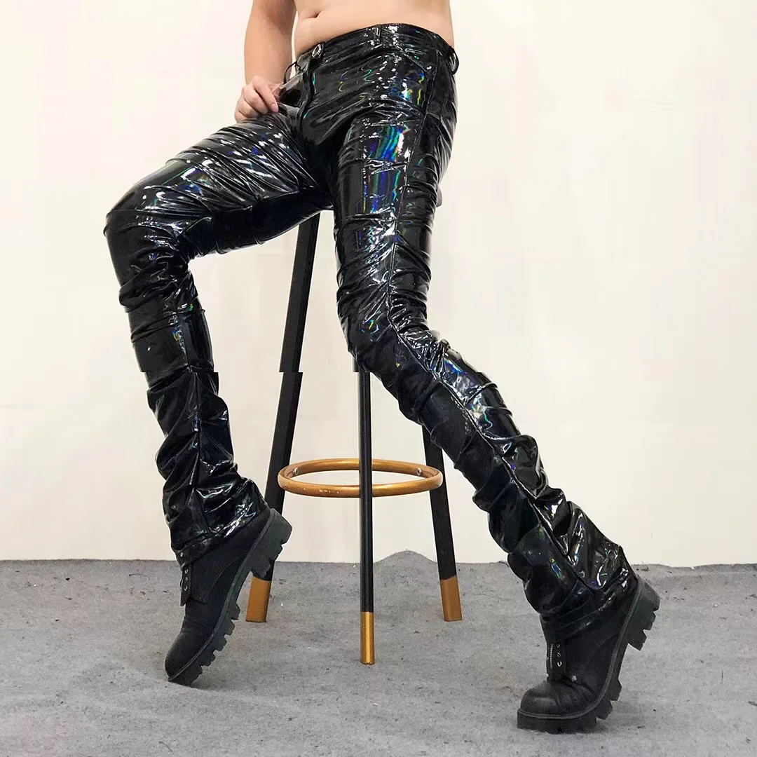 Men Black Pleated Flare Motorcycle Leather Pants Bar Male Singer Dancer Stage Elastic Soft PU Leather Trousers Plus Size Skinny