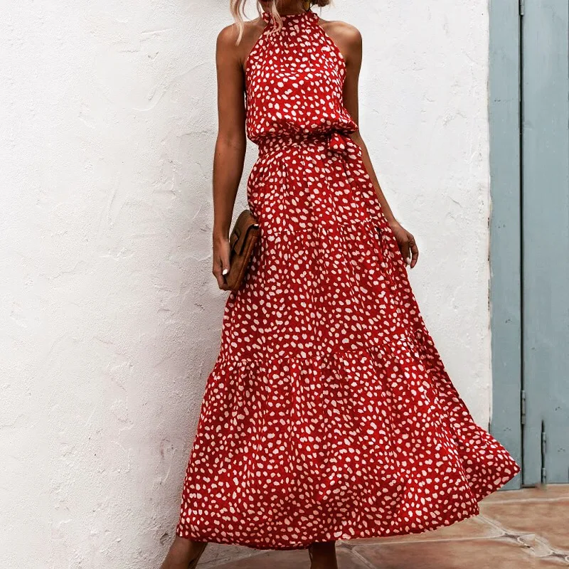 

2021 Summer Beach Women Dress Elegant Long Print Flowers Polka-dot Strap Ladies Halter Boho Dress Vintage Party Ladies Dress