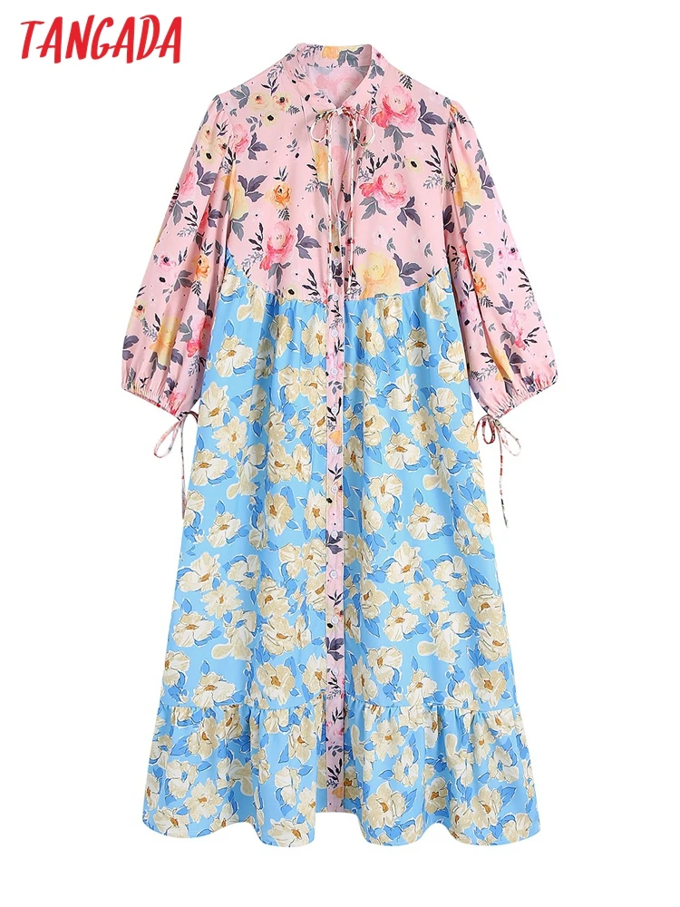 

Tangada Women Flower Patchwork Romantic Dress Short Sleeve Bow Females Loose Midi Dresses Vestidos BE242
