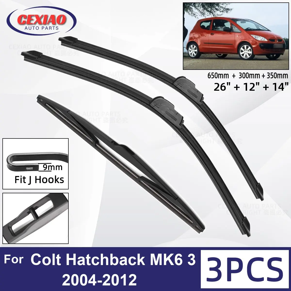 

For Mitsubishi Colt Hatchback MK6 3 Door 2004-2012 Car Front Rear Wiper Blades Windscreen Wipers Auto Windshield 26"+12"+14"