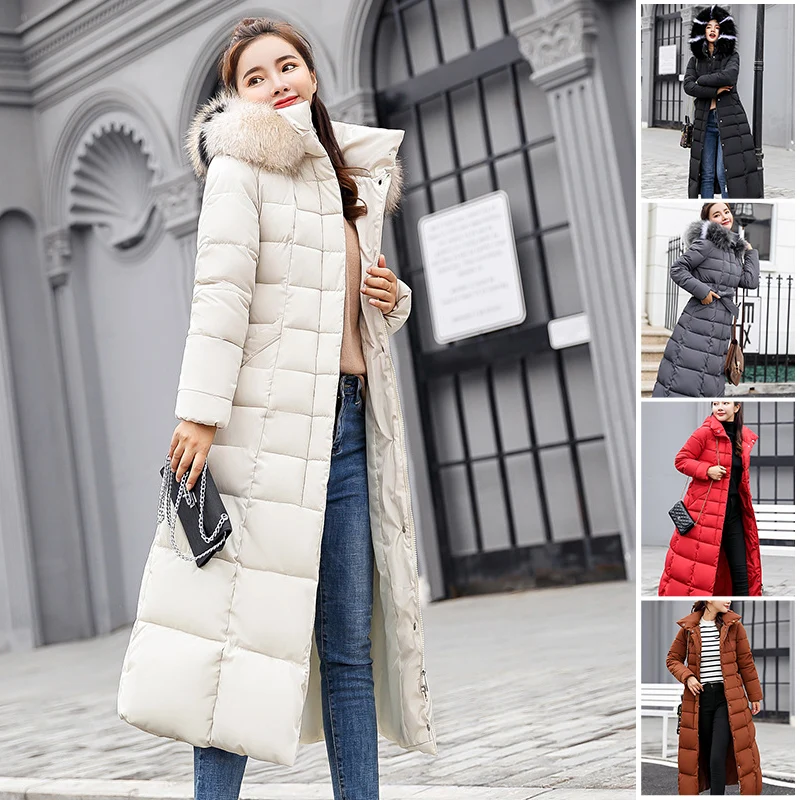 Winter Women Warm Jacket Long Parka Fashion Bow Belt Faux Fur Collar Slim Coat Long Dress Lady Down Cotton Outwear Thick Coat