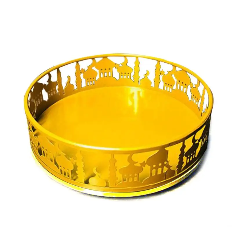 

3PCS Islam Eid Mubarak Metal Food Serve Tray Round Food Container Dessert Tray For Home Decor