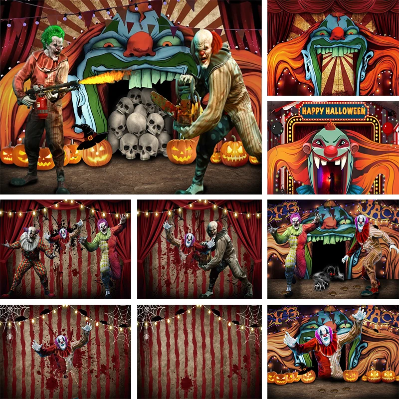 

Halloween Evil Clown Backdrop Horror Circus Scary Carnival Kids Birthday Party Trick or Treat Skeleton Pumpkin Photo Background