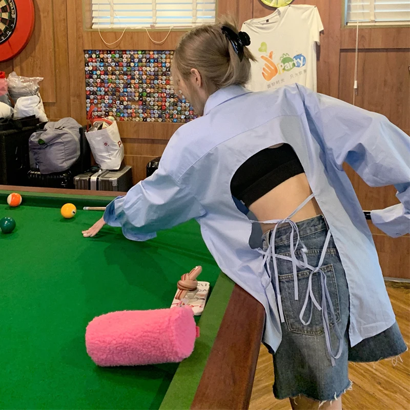 

Chic Shirt Design Hollowed Out Backless Lace Up Summer Korean 2022 New Spice Girl Loose Blouse Long Sleeved Femme En Chemise