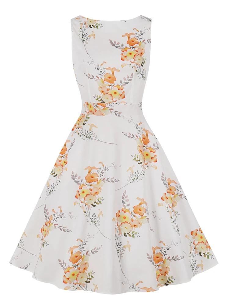 

Women Sleeveless Floral Print 50s A-Line Flare Tea Dress O-Neck Summer Clothes Pocket Side 50s 60s Retro Pinup Vintage Dresses