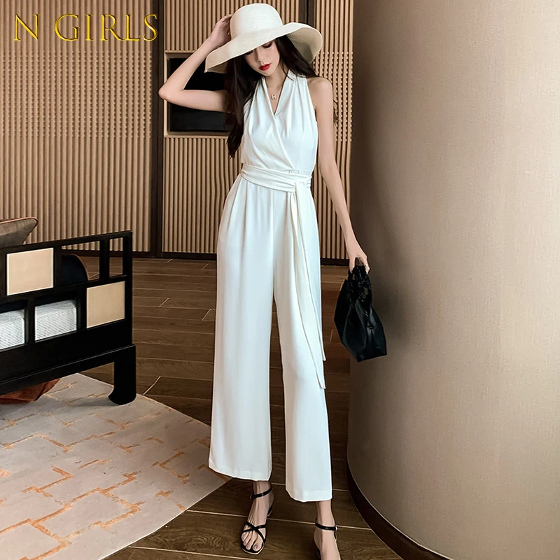 

N GIRLS Fashion Summer Korean Vintage Loose Long Jumpsuits Women OL Elegant Streetwear Casual V-Neck Sleeveless Sashes Jumpsuits