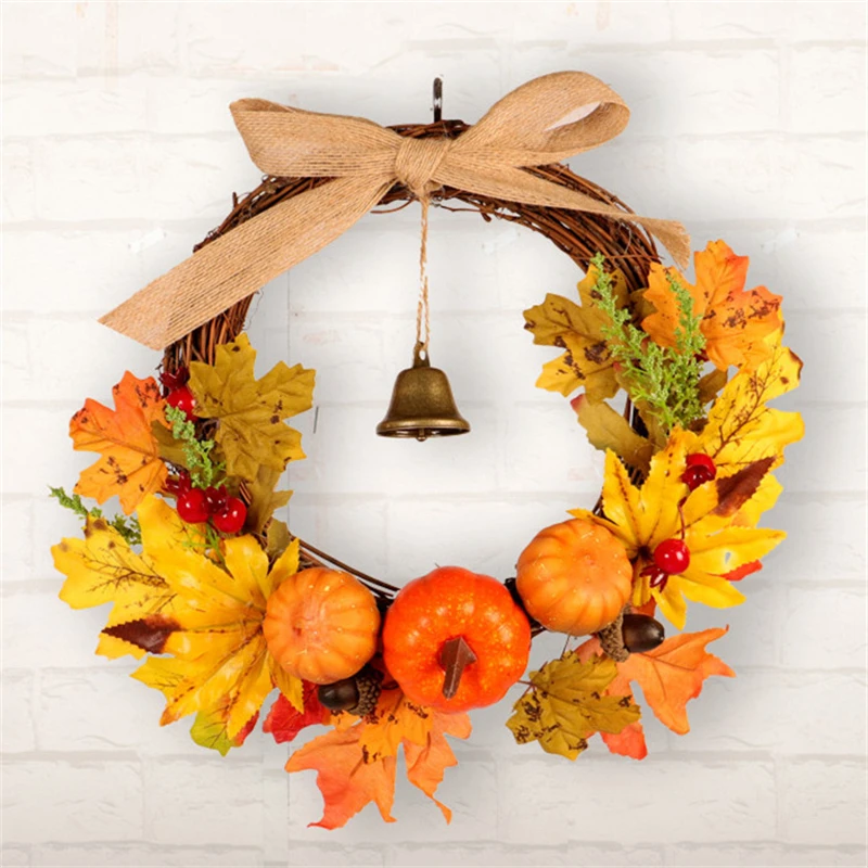 

Halloween Wreath Plastic Pumpkin Maple Leaf Bell Garland Thanks Giving Day Halloween Hanging Decoration Thanksgiving Wreath