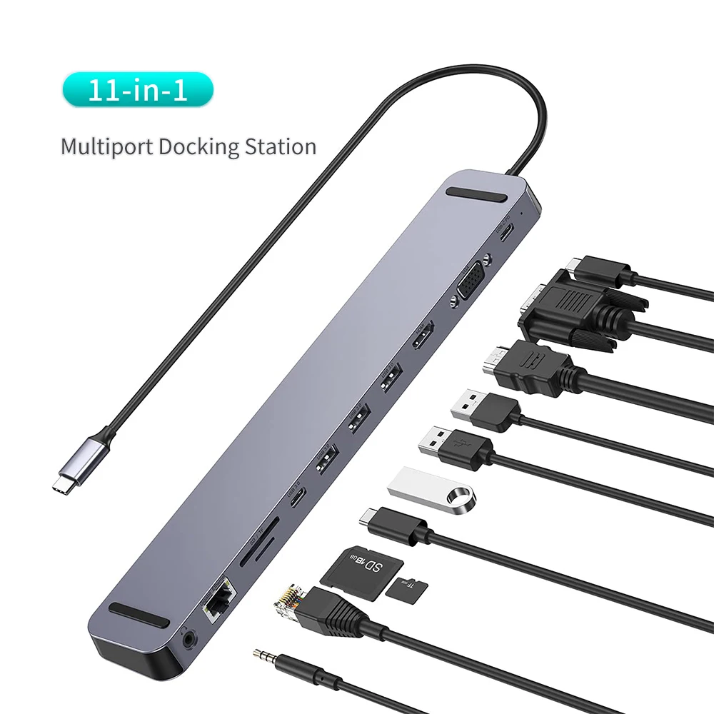 

USB C Hub 11-in-1 Docking Station with 100W PD Charging 4K HDMI VGA RJ45 Ethernet 3 USB 3.0 SD/TF Cards Reader Audio Jack