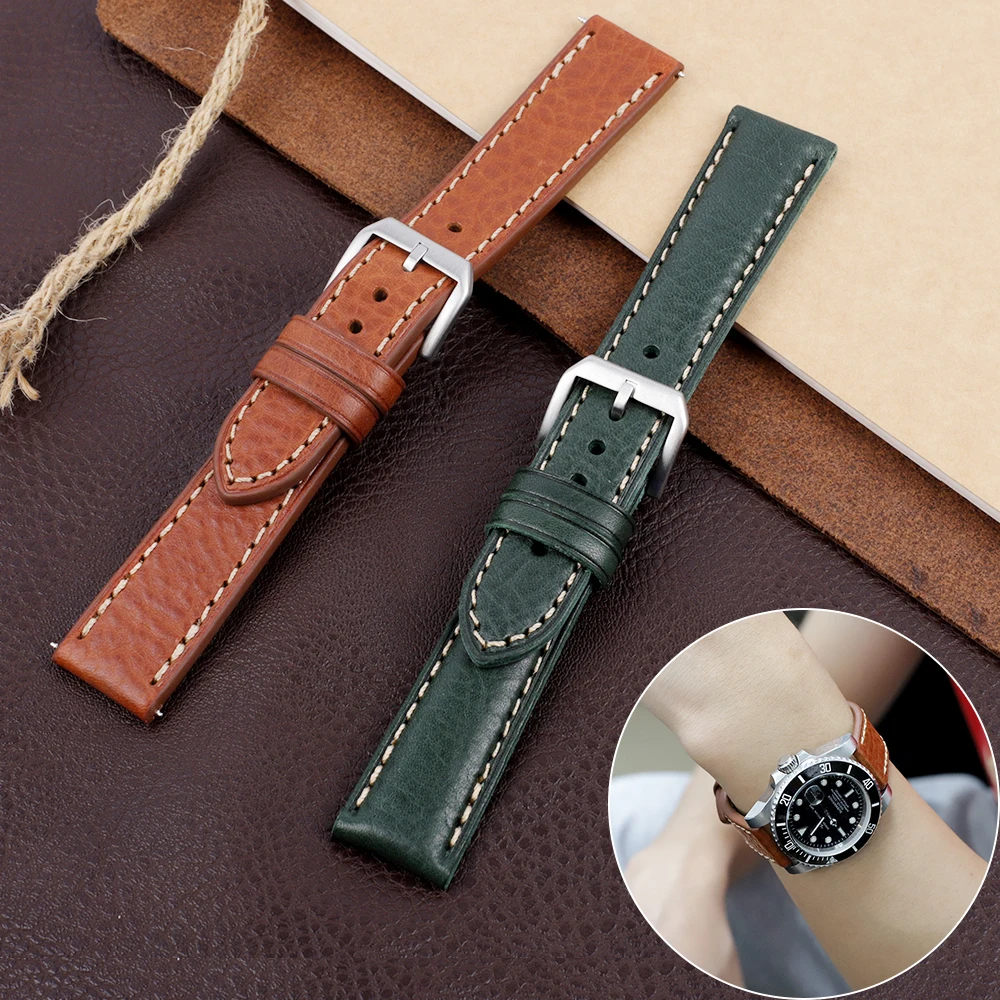 

Ремешок итальянский из натуральной кожи для наручных часов, винтажный браслет с рисунком личи, коричневый зеленый сменный Браслет для мужских часов, 20 мм 22 мм