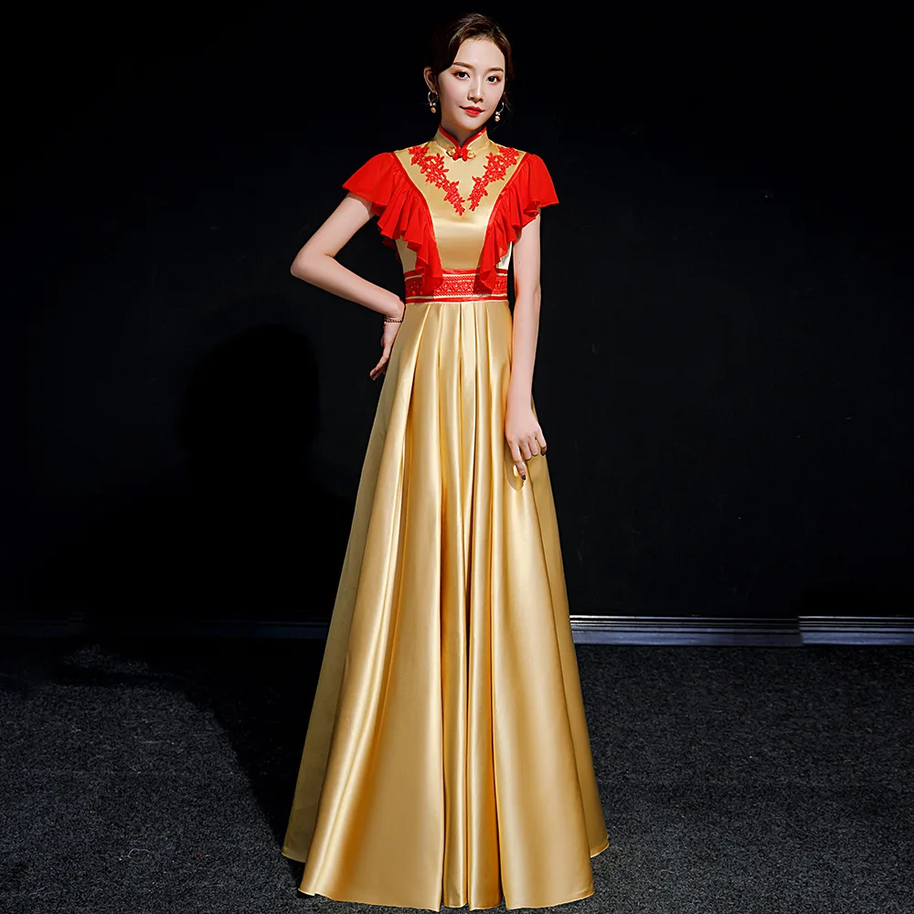 Retro Mandarin Collar Satin Qipao Sexy Embrodiery Applique Ruffles A-Line Cheongsam Chinese Women Dress