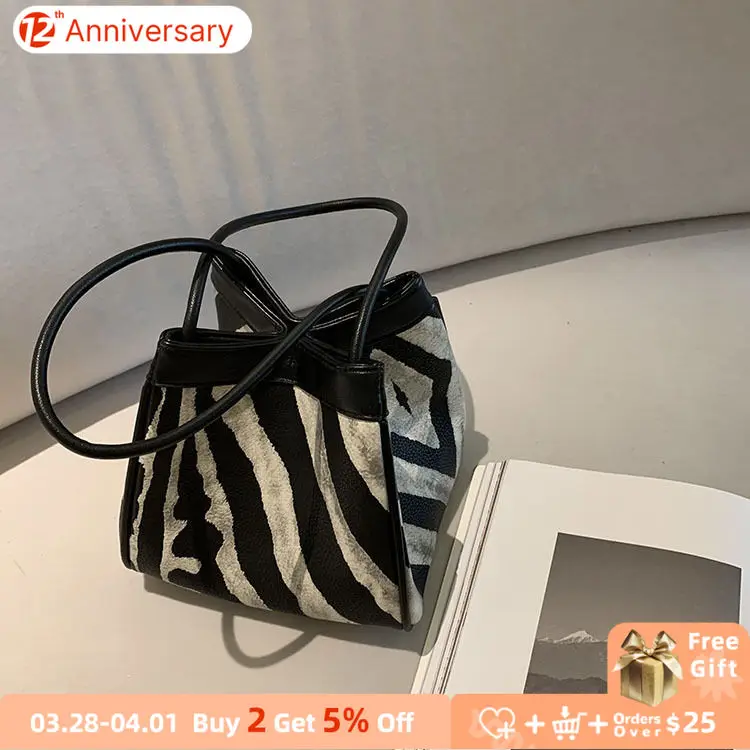 

Fashion Design Zebra Pattern Women Handbags Soft PU Leather Ladies Bucket Shoulder Bags Vintage Female Small Tote Clutch Purses