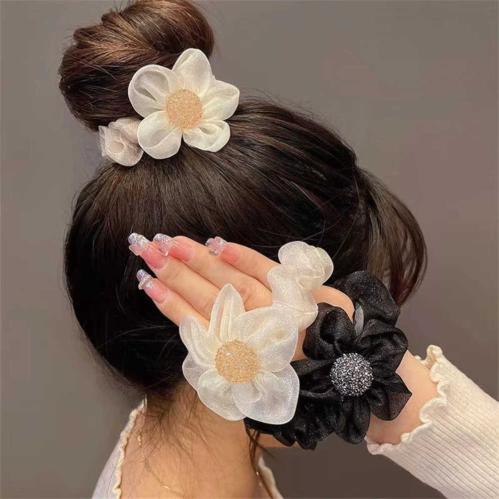 

Diamond Organza Hair Rope Sweet Sun Flower Hair Ring Women Tie Head Rope Rubber Band Ponytail Holder Headband Hair Accessories