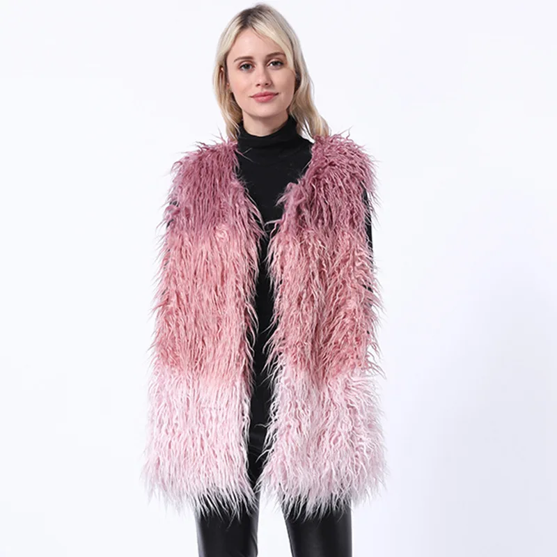Women's Fur Vest Faux Fur Coat Women's Mid-Length Furry Fur Clothing Vest Faux Fur Coat