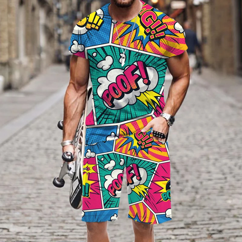 Summer Men's T-Shirt Set Hip Hop Funny Short Sleeve T-Shirt Shorts 2-piece Tracksuit Colorful Casual Sports Suit Unisex Clothing