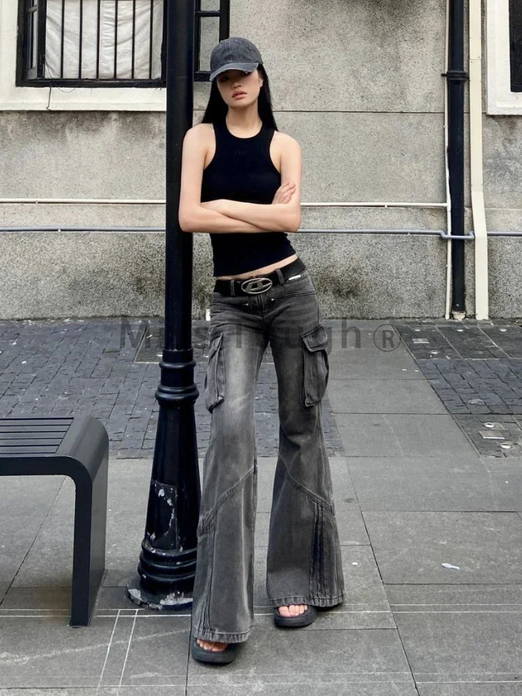 Джинсы с низкой талией и карманами 2000-х годов женские модные широкие