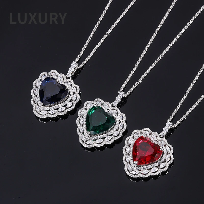 

Luxury 100% 925 Sterling Silver 15*15mm Heart Sapphire Ruby Emerald High Carbon Diamond Pendant Necklace For Women Fine Jewelry
