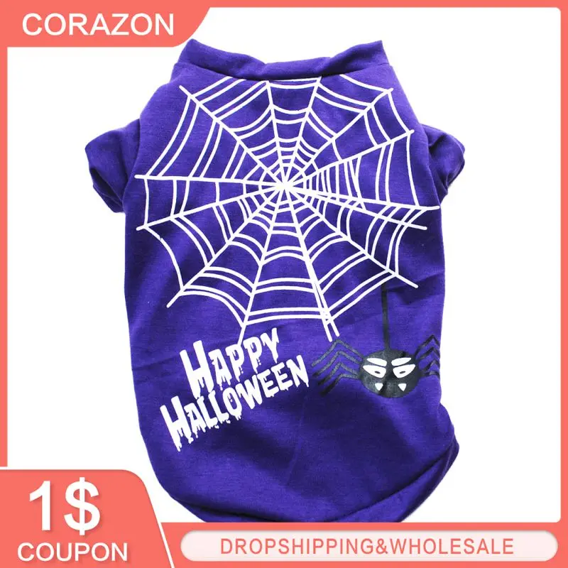 

Pet Dog Cat Vest T-Shirt Halloween Spider Web Pattern Printing Cotton Cute Purple T Shirt Small Medium Dogs Puppy Clothing XS-L