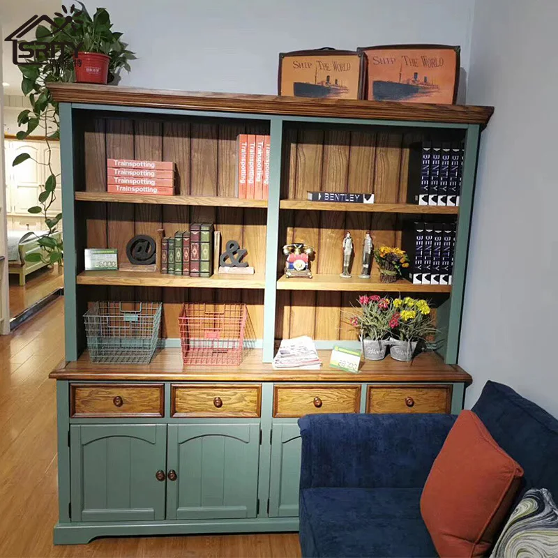 Lemari sederhana lemari multifungsi di pedesaan dengan rak-rak buku gaya Mediterranean.