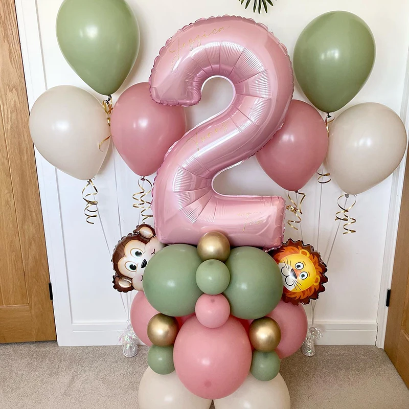 

Pink Safari Balloon Bouquets Jungle Birthday Party Decor Number foil Balloons Custom Name Sticker Two Wild one decor