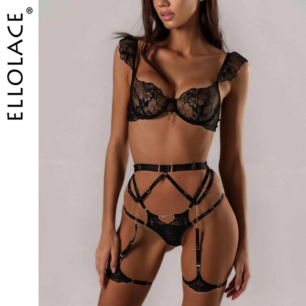 

Ellolace модное нижнее белье прозрачный бюстгальтер, 3 предмета, нижнее белье, роскошный кружевной прозрачный чувственный бесшовный сексуальный комплект с поясом-подвязкой