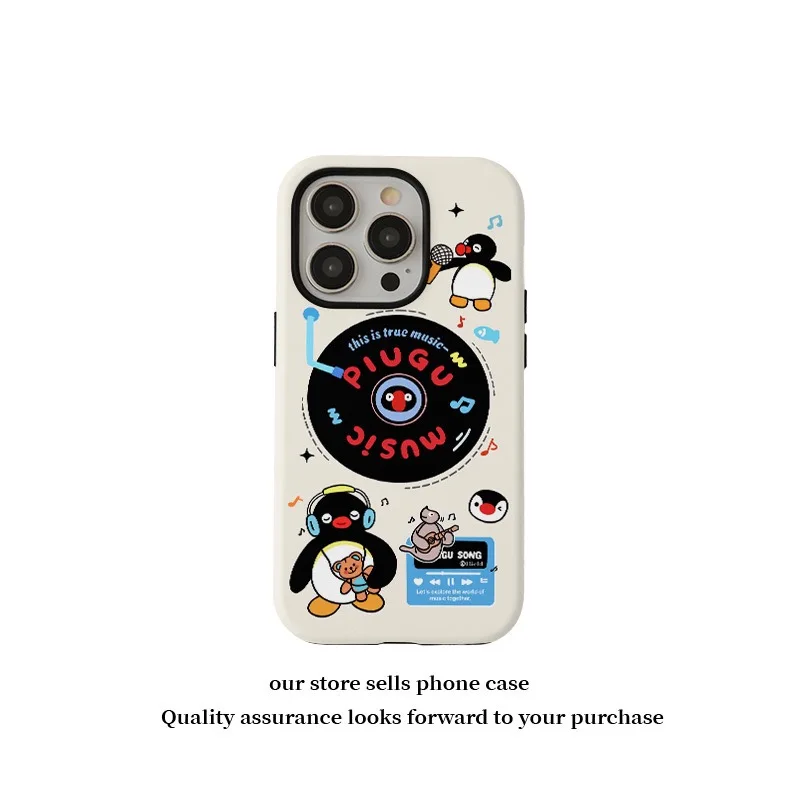 Фото Чехол Beige Penguin Listening To Music с мультяшным мраморным узором для IPHONE 16 Pro 15 14 13 12 11 Акриловый ТПУ Два в одном Чехлы для телефонов №3