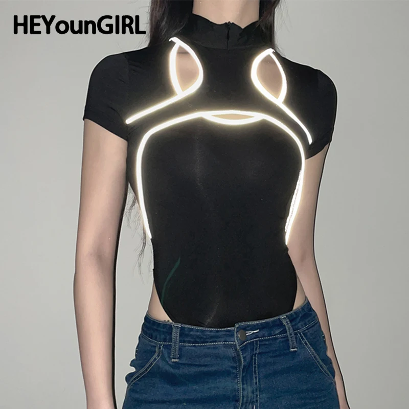 

HEYounGIRL Hollow Out Bodysuit Reflective Stripe Gothic Women Skinny Black Rompers Fashion Rave Outfits Punk Basic Bodysuit Top