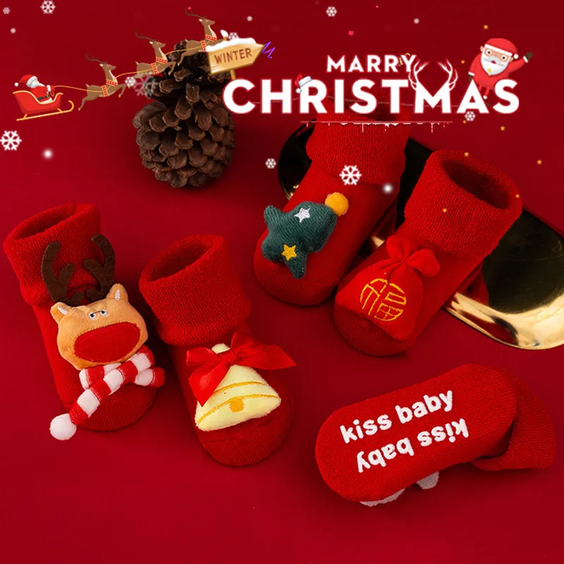 

0-3Years Kids Baby Christmas Socks Thicken Terry Wool Cotton Socks Infant Toddlers Cartoon Non-slip Warm Floor Short Sock Gift