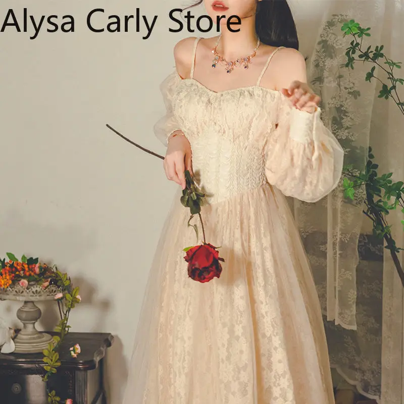 

French Vintage Fairy Dress Women Lace Casual Embroidery Evening Party Dresses Female 2022 Spring Court Retro Elegant Midi Dress