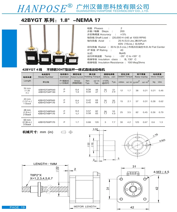 HANPOSE 17HS3401S-T8*8 300 мм винтовой стержень линейный шаговый двигатель Nema17 1.3A 28N.CM