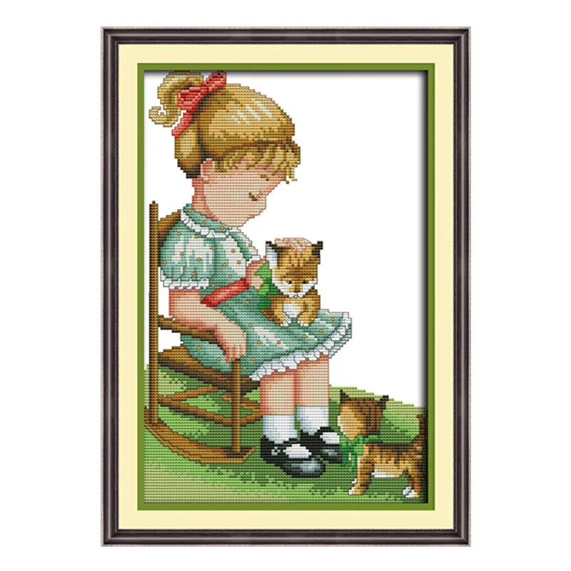 

Girl and cat cross stitch kit aida 14ct 11ct count print canvas hand sew cross-stitching embroidery DIY handmade needlework