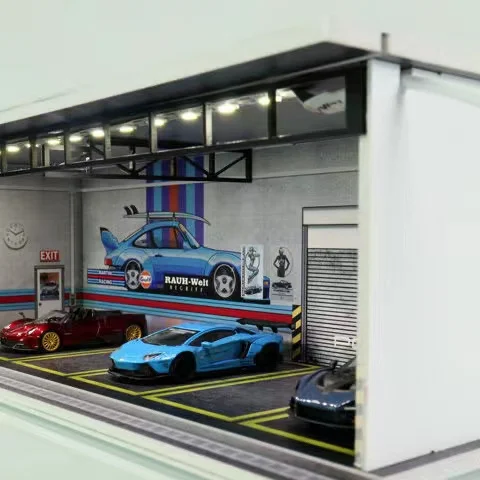 

G-fans display cabinet Mingshi carport LED light RWB scale 1:64 model car three-dimensional model garage