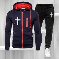 mens casual i believe in jesus christ print suit hooded drawstring design trend new fleece solid color versatile sports suit