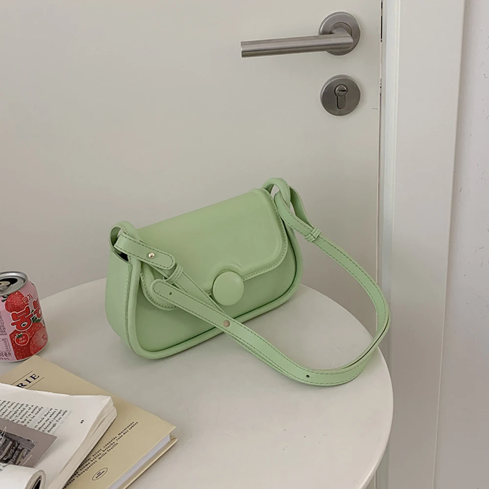 Spring and Summer Women's Bag Simple Designer Underarm Bags Macaron Solid Color PU Leather Round Magnetic Buckle Shoulder Bag