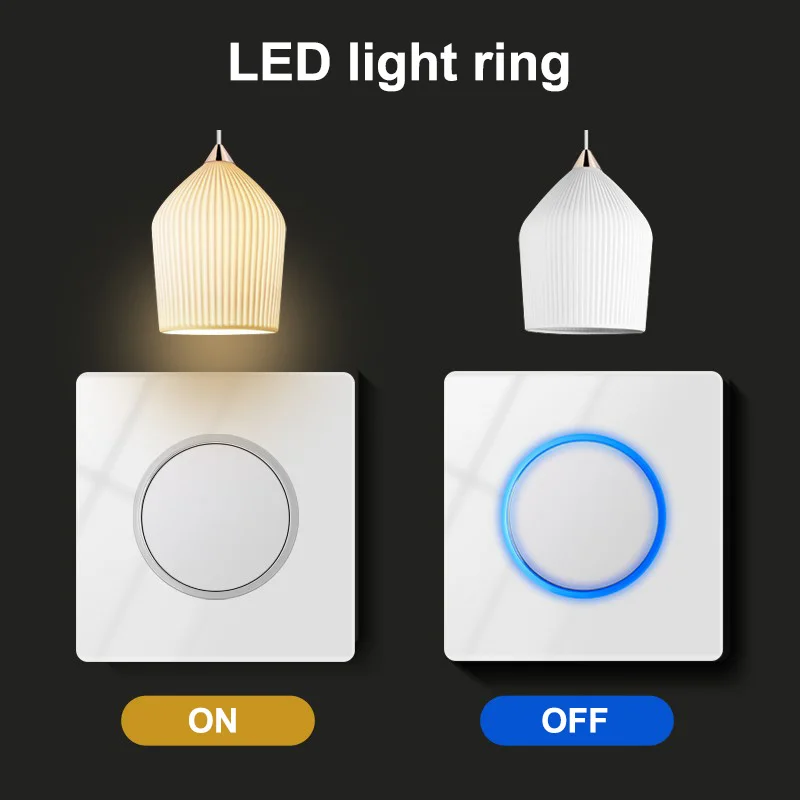 

YINKA Light Switches for Home Crystal Tempered Glass Switch Panel Circular Ring LED Light 86*86mm Home Improvement 2 Gang/ 2 Way