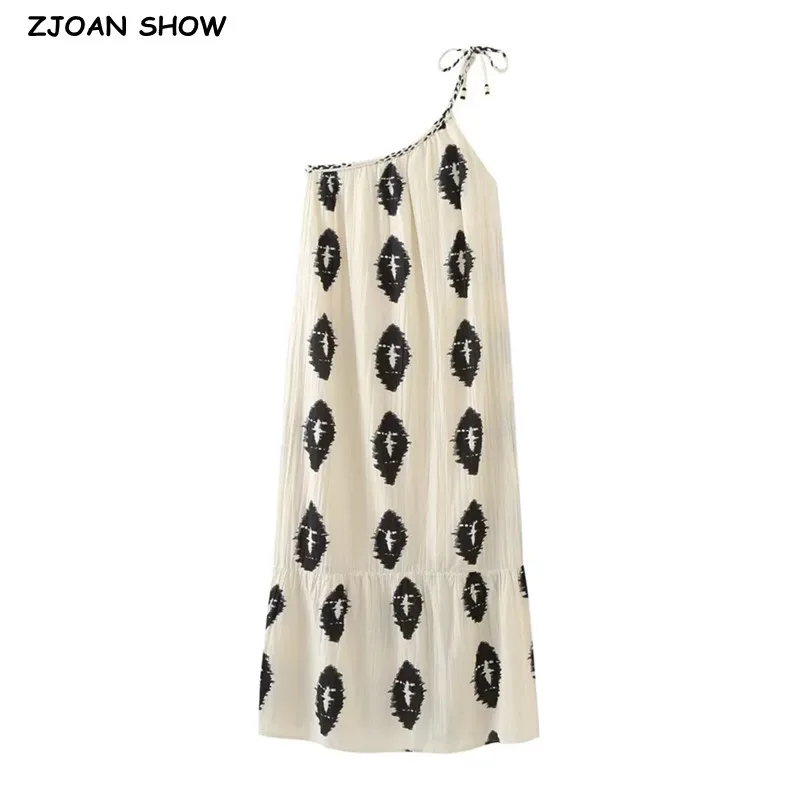 

2023 BOHO Beige Tie-dye Geometric Print Bow Lacing up One Shoulder Sling Dress Sexy Women Loose Midi Long Robe