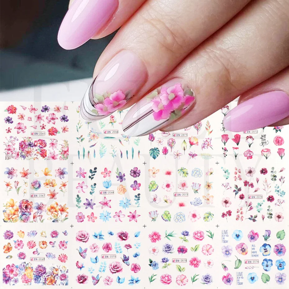 

12 видов конструкций весенне-летние наклейки для дизайна ногтей розовые цветочные цветы Слайдеры для маникюра гелевые Переводные Водные На...