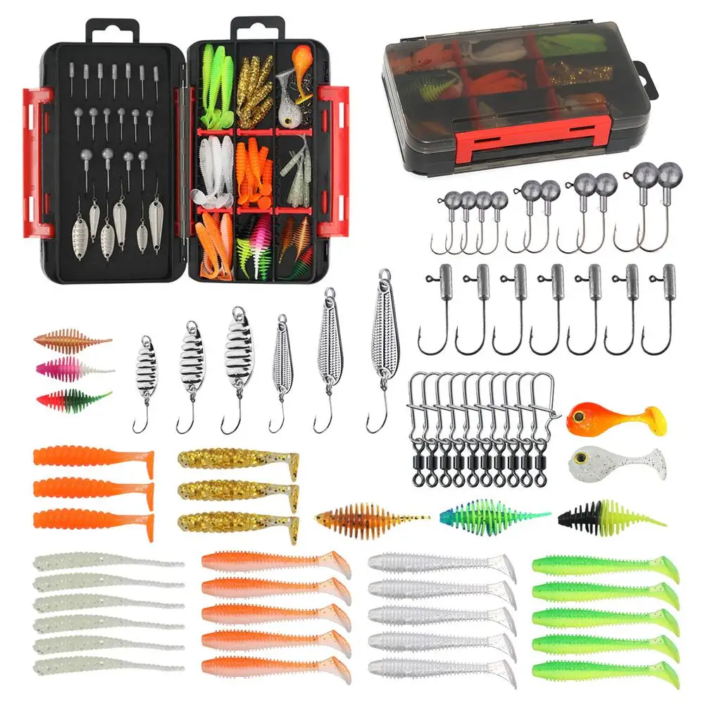 

75pcs/35pcs Fishing Lures Kit With Jig Heads Hooks Soft Worm Bait Suitable For Saltwater Freshwater Drop Shipping