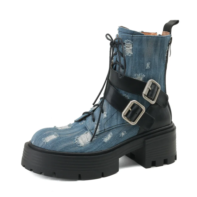 

Женские джинсовые ботинки, Новинка осени 2023, женская обувь на платформе с круглым носком, зимние Роскошные бутиковые женские ботинки с пряжкой и ремешком, Прямая поставка