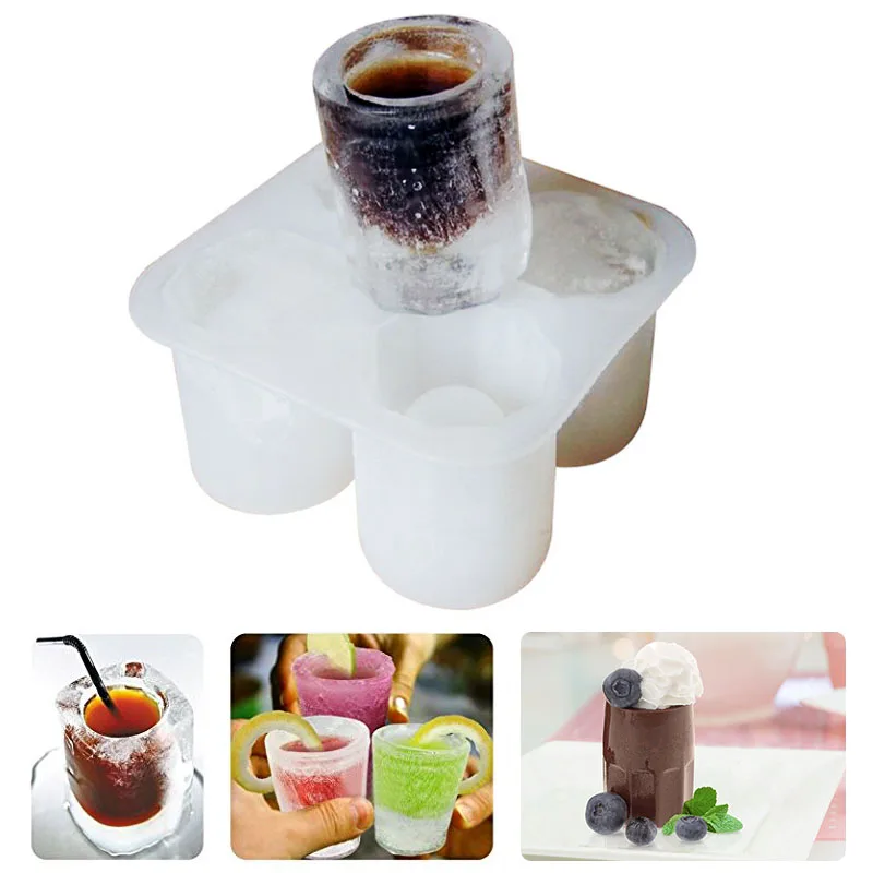 4 Cups Silicone Ice Cube Mold Shot Glass Summer Bar Party Cold Cocktail Drinking Tool Cup Shape Freeze Tray Maker