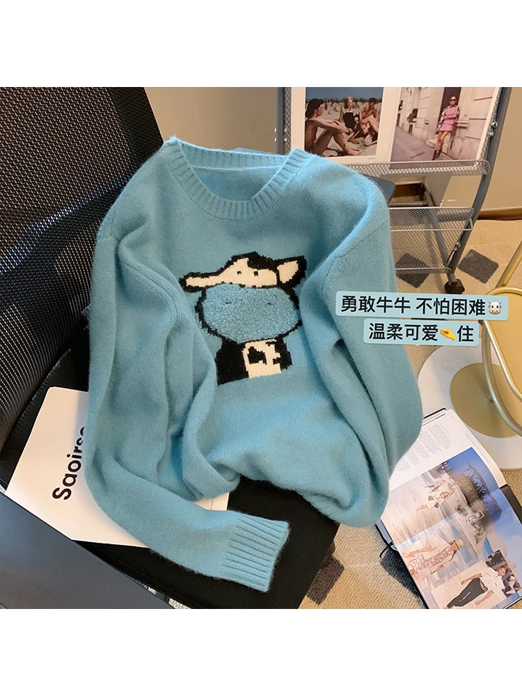 

2022 Winter Women O-neck Cartoon Cow Sweater Patchwor Harajuku Korean Style Oversized Long Sleeve Pullover Warm Clothes