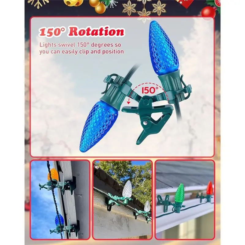 Фото Крепления для уличных гирлянд SUINE-Outdoor C7 C9, упаковка из 50 универсальных пружинных зажимов для рождественских гирлянд, подходят для крыш, совместимы с цоколями E12 E17. №1