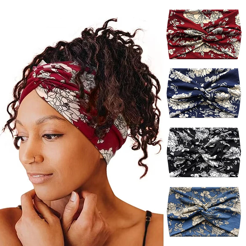 

18cm Wide Knotted Headbands Chinese Rose Hair Band Flower Turban Headwrap Cotton Stretch Bandanas Headscarf Bands Headpiece