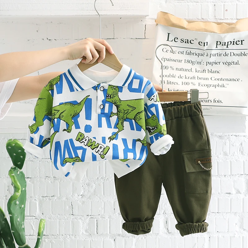 

Children Handsome Cool Clothing Sets Autumn Spring Baby Boy Long Sleeve Cartoon Dinosaur+Pants 2pcs/Suits Toddler Casual Clothes