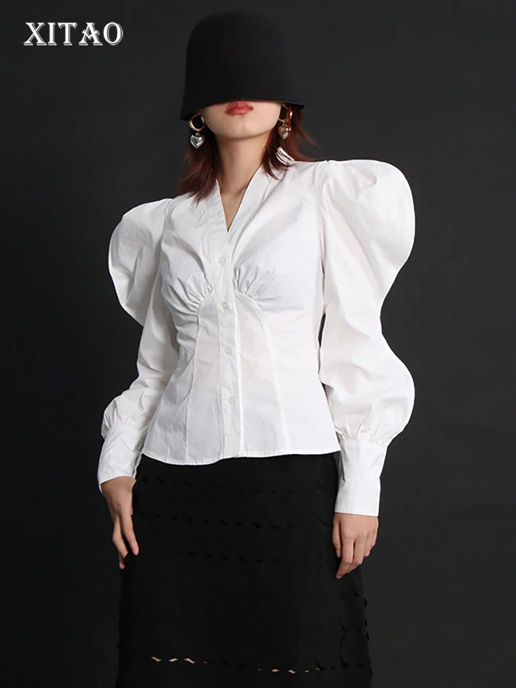 

XITAO Fashion Slim Puff Sleeve Women Shirt Solid Color Simplicity Personality V-neck Single Breasted Folds Splicing Top ZY8067