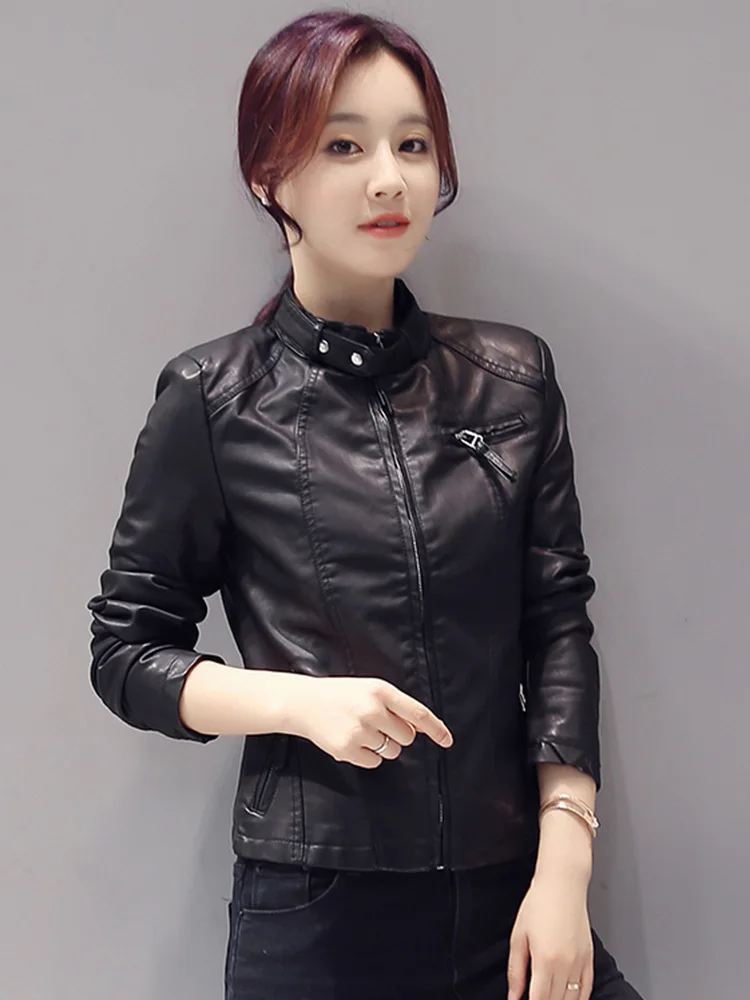 New Women Stand Collar Biker Jacket Spring Autumn Casual Zipper Short Slim Sheepskin Jacket Fashion Moto Outerwear Split Leather