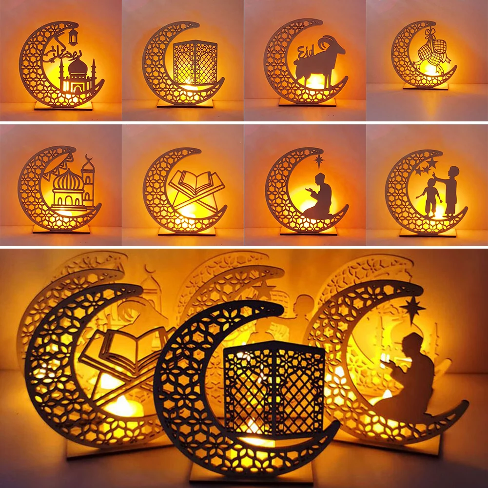 

EID Mubarak Ramadan Wooden Candle Lights Muslim Islamic Gifts Party Moon Star Lights Decoration 2023 Ramadan Party Lighting