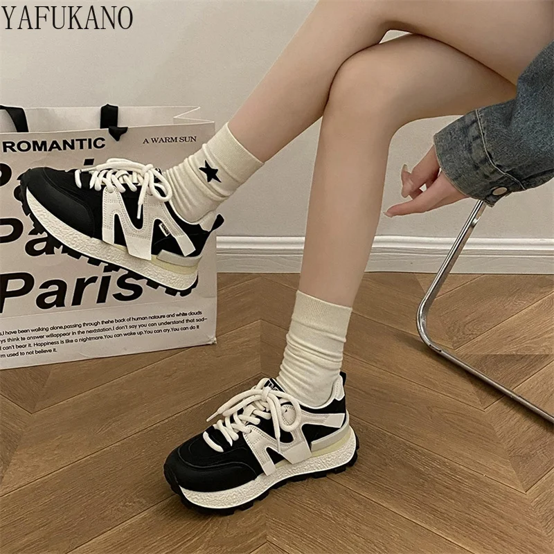 

Женские легкие кроссовки на платформе, лоскутные, на шнуровке, толстая подошва, повседневная обувь для тренировок, ручная работа