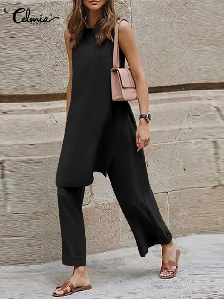 

Celmia Folding Wide Leg Trousers Pant Sets 2022 Fashion Women 2pcs Sets Casual Asymmetrical Side Slit Sleeveless Long Tank Top